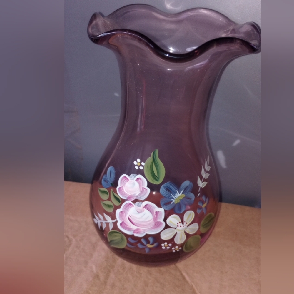 Fenton Purple Heavy Glass Vase,Hnd Pnted  Design,Teleflora Exclusive!8 Inch Tall